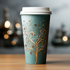 Elegant coffee cup with artistic tree design on table