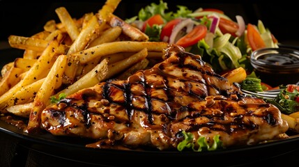 A plate featuring grilled chicken, crispy fries, and fresh salad.