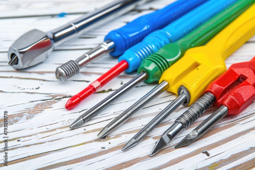 Aufkleber Various tools neatly arranged on a wooden surface, suitable for a workshop setting