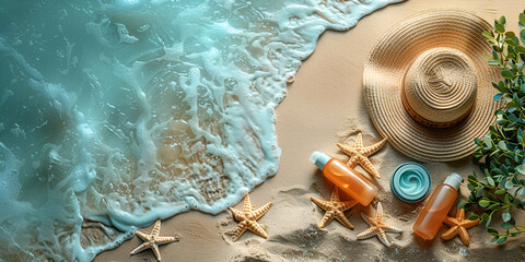 Tranquil beach scene with ocean foam, starfish, and relaxing beach accessories. Copy space, banner