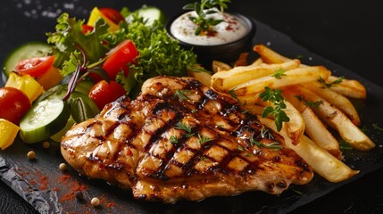 A professional product shot showcasing a grilled chicken chop with crispy french fries and a colorful assortment of fresh vegetables on a white plate.
