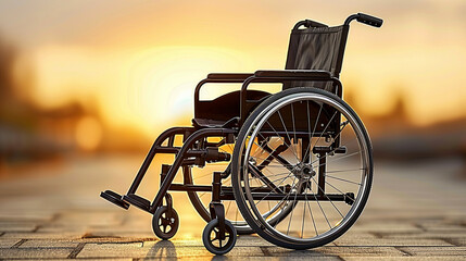 A black wheelchair is sitting on a sidewalk in front of a sunset - obrazy, fototapety, plakaty
