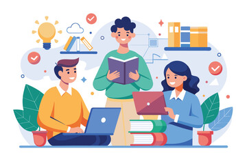 A diverse group of individuals seated closely around a laptop engaged in learning and collaboration, People are learning together, Simple and minimalist flat Vector Illustration