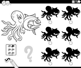 shadow activity with cartoon octopus and tuna fish coloring page