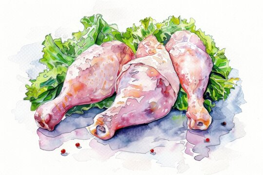 Watercolor painting of two raw chicken legs with lettuce. Suitable for food and cooking themes