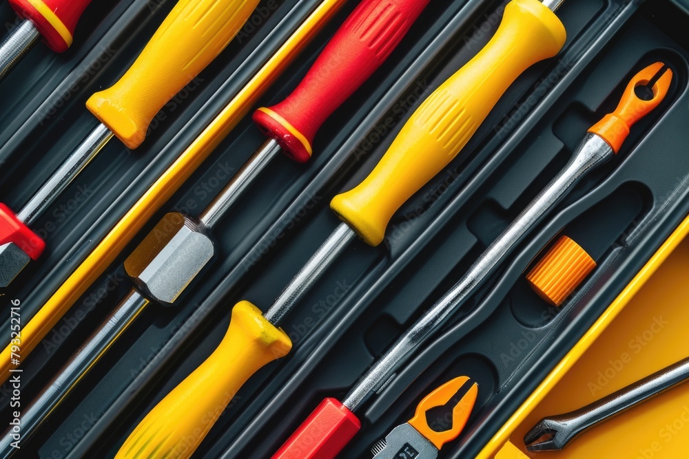 Poster Assorted tools neatly arranged in a toolbox. Suitable for construction or DIY projects
