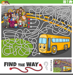 maze game with funny cartoon people group and bus