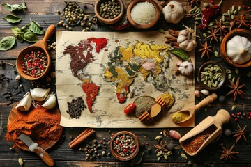 A unique world map surrounded by a variety of spices and herbs. Ideal for culinary, travel, or cultural concepts