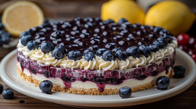   A tight shot of a cake on a dish, adorned with blueberries and slices of lemon nearby