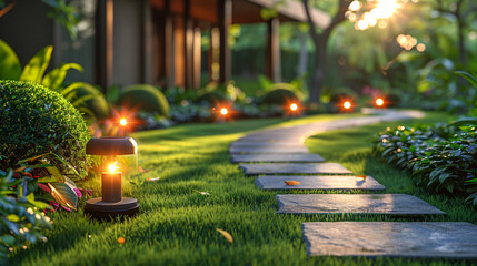 A lawn with garden lighting illuminating a walkway