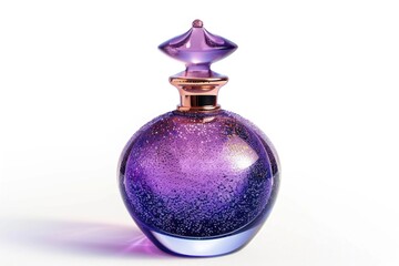 Elegant purple glass perfume bottle on a clean white surface, perfect for beauty and fragrance concepts