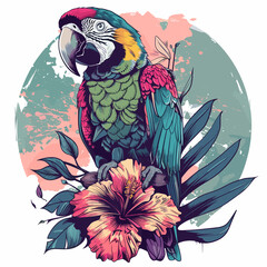 Obraz premium Beautiful macaw parrot and hibiscus flowers. Vector illustration