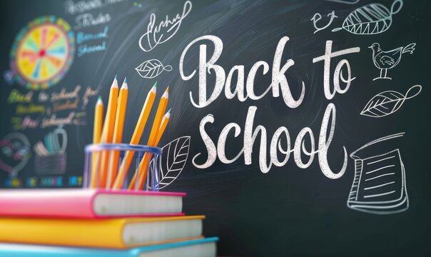 Back to school lettering with books and pencils over chalkboard background