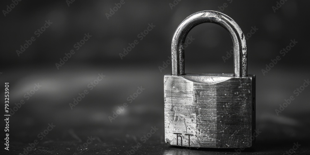 Aufkleber close up of a metal padlock on a table. suitable for security concepts