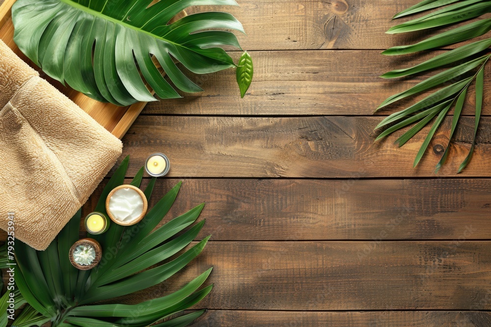 Poster a wooden table topped with a towel and two candles. perfect for spa or relaxation concept
