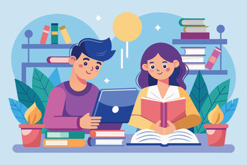 A man and woman are sitting at a table, using a laptop together, People are studying together, Simple and minimalist flat Vector Illustration