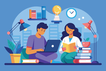 A man and woman seated on a couch, using a laptop together, People are studying together with books and lamps, Simple and minimalist flat Vector Illustration