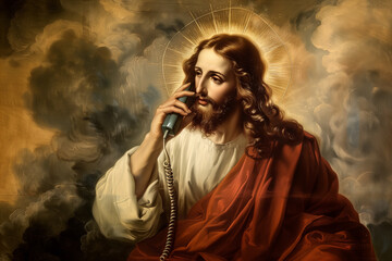 Jesus from Vintage Painting Talking on The Phone. Calling, Talk with God Concept