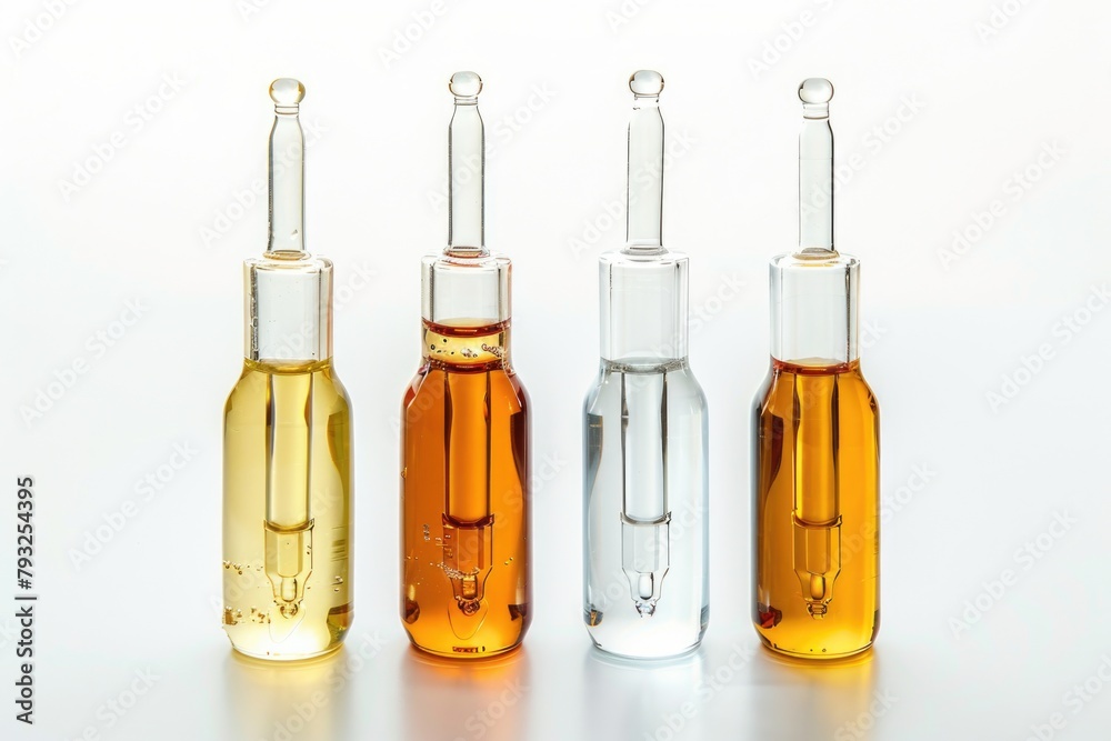 Poster a group of three glass bottles filled with liquid. perfect for various projects