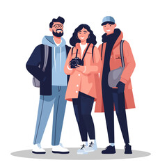 Group of tourists with camera and backpack. Vector illustration in flat style