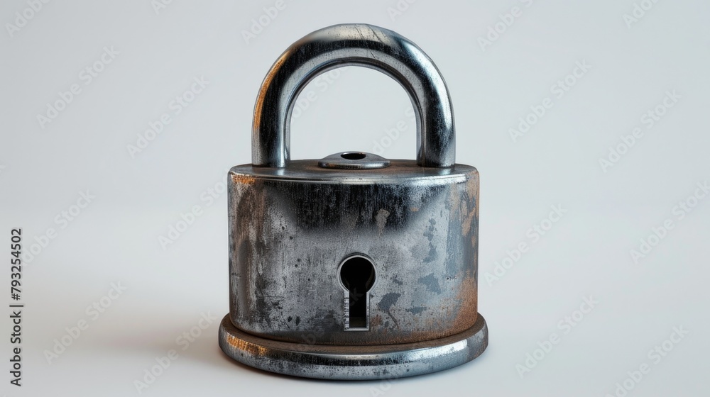 Poster a metal padlock on a plain white surface. suitable for security concepts