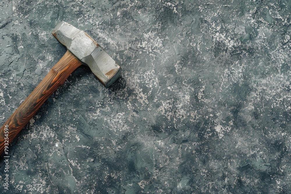 Poster a wooden handle hammer laying on a surface. suitable for construction projects