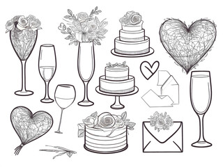 elegant hand drawn wedding doodles with flowers and hearts