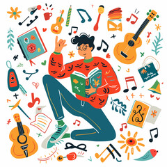 Vector illustration of a young man reading a book, surrounded by musical instruments.