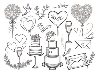 elegant wedding cake doodles with flowers and hearts