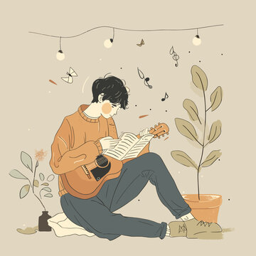Young man playing guitar and singing in the garden. Vector illustration.