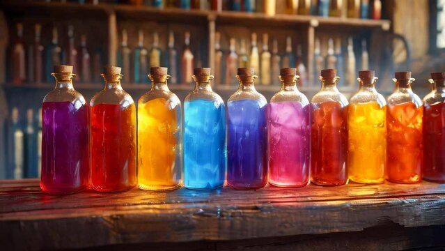 Colorful magic potion in bottles on a wooden shelf in a laboratory