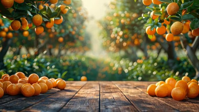 Fresh tangerines on wooden table in orange orchard, close up