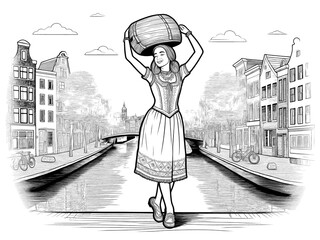 hand drawn doodle vector Amsterdam canals with a girl