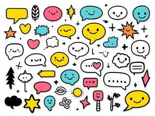 Hand drawn doodle vector elements with speech bubbles, smiley faces, arrows on a white background