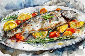 A painting of a fish on a plate with fresh lemons and ripe tomatoes. Suitable for food and seafood related designs