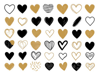 Hand drawn vector hearts, doodle simple designs in black and gold on a white background