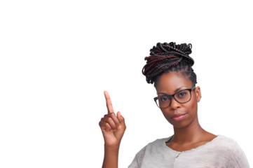 Afro-American Woman Teacher Pointing Her Finger with Copy Space: A Portrait, Isolated on Transparent Background, PNG