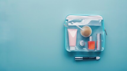 A clear bag filled with cosmetics and a brush, perfect for beauty and skincare concepts