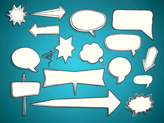 Hand drawn vector illustration speech bubbles and arrows and symbols on a blue background