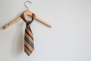 A striped tie hanging neatly on a wooden hanger. Perfect for fashion or menswear concepts