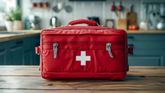 Doctor's red medical first aid kit for treating wounds and providing first emergency emergency aid during emergencies