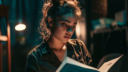 young actress reading scenario on stage in theatre