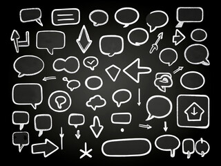 hand drawn speech bubbles, arrows, and symbols for doodle clip art vector illustration on grid paper background