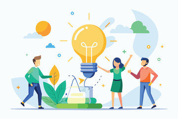 Fototapeta na wymiar Group of People Standing Around a Light Bulb, people bring idea lights with learning concept, Simple and minimalist flat Vector Illustration