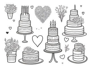 wedding cake doodle with hearts and flowers on a white background