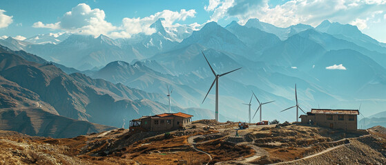 Moutain landscape with wind turbines, green energy, environement care - obrazy, fototapety, plakaty