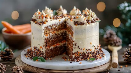   A cake with white frosting and chocolate sprinkles on a plate, sliced