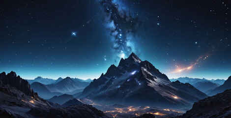 Majestic Mountain Under the Milky Way.  A majestic mountain peak reaches for a sky filled with a million twinkling stars. The Milky Way stretches across the dark blue canvas above.