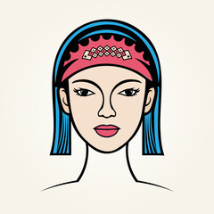 Female colorfully adorned face with distinct hairstyle and head-wear, Representing Global Beauty