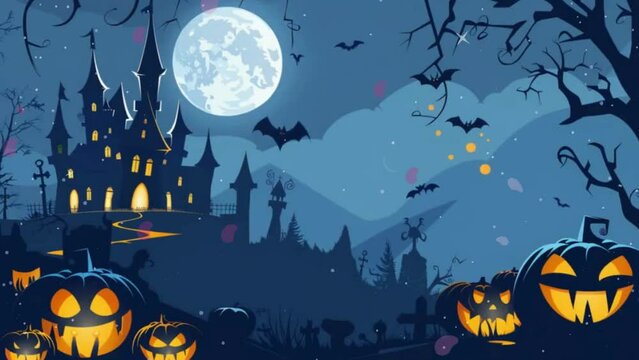 Creepy old castle with full moon in the background. A small fire is burning in front of the evil witch's castle church. happy halloween video backgrounds. 4k looping animated backgrounds, 2D flat anim